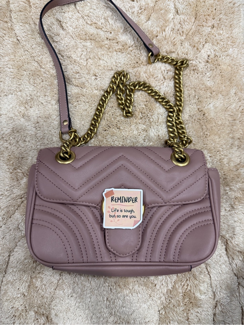 Mauve Quilted Shoulder Bag with Gold Chain Strap